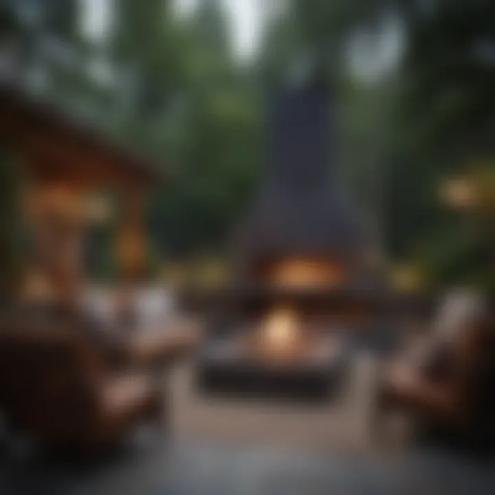 Cozy outdoor seating area featuring a long fireplace