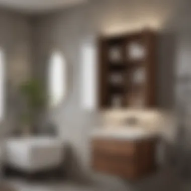 Innovative Wall-Mounted Storage Solution Stylish wall-mounted storage cabinet in a cozy bathroom setting