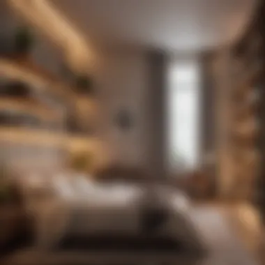 Cozy Bedroom with Tall Shelves Tall shelves in a cozy bedroom setting with warm lighting