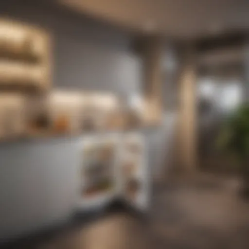 A compact fridge seamlessly integrated into a modern kitchen setting.