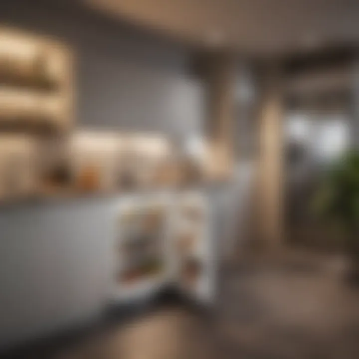 A compact fridge seamlessly integrated into a modern kitchen setting.