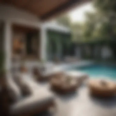 Chic Outdoor Lounge Adjacent to the Pool Elegant outdoor lounge area near a swimming pool