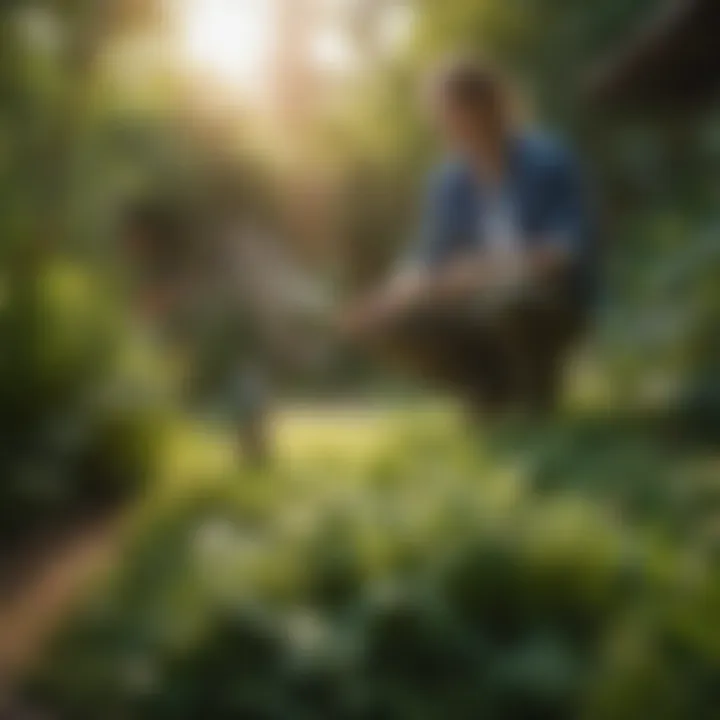 A person applying mosquito repellent spray in a vibrant garden.