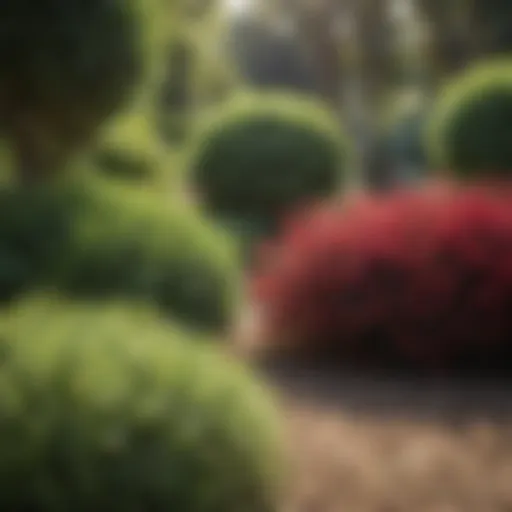 A variety of granular fertilizers spread around vibrant shrubs in a garden setting