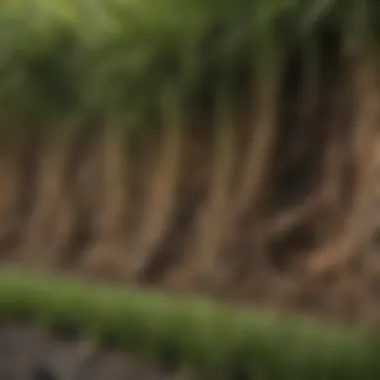 Close-up of thatch layer beneath grass roots