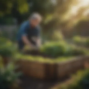 Gardener tending to a lush raised bed, demonstrating maintenance techniques.