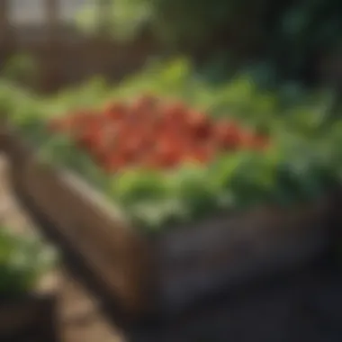 A seasonal display of vegetables like tomatoes, lettuce, and peppers in a raised bed.