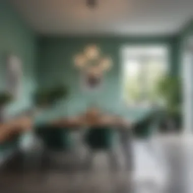 A modern dining area with gray cabinets and a fresh mint green wall