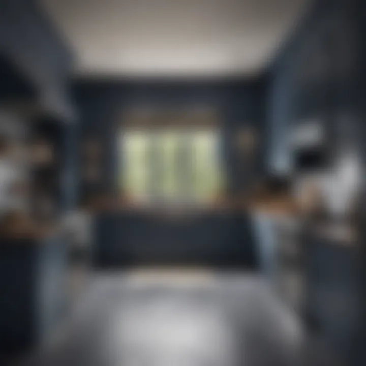 An elegant kitchen showcasing gray cabinets paired with a deep navy blue wall