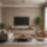 A sophisticated living room featuring gray cabinets and a warm beige wall color