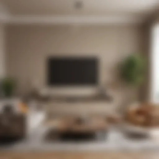A sophisticated living room featuring gray cabinets and a warm beige wall color