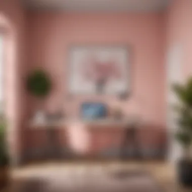 Chic Workspace with Blush Pink Walls A chic workspace highlighting gray cabinets complemented by a soft blush pink wall