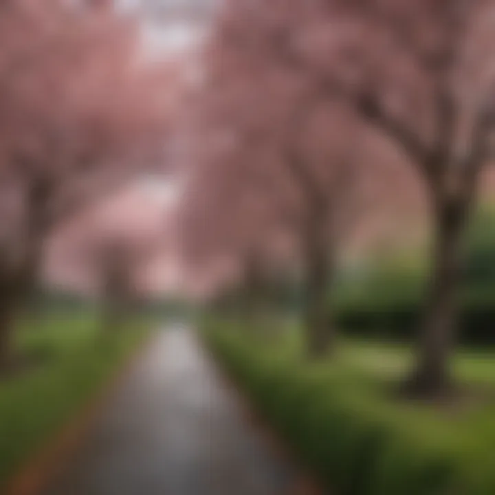 A beautifully manicured landscape featuring weeping cherry trees