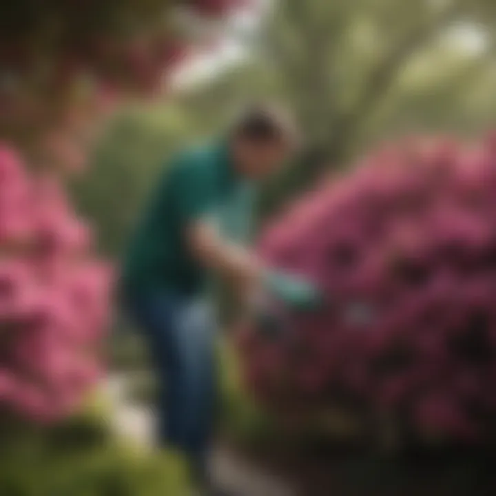 Gardener applying Miracle-Gro to crape myrtles