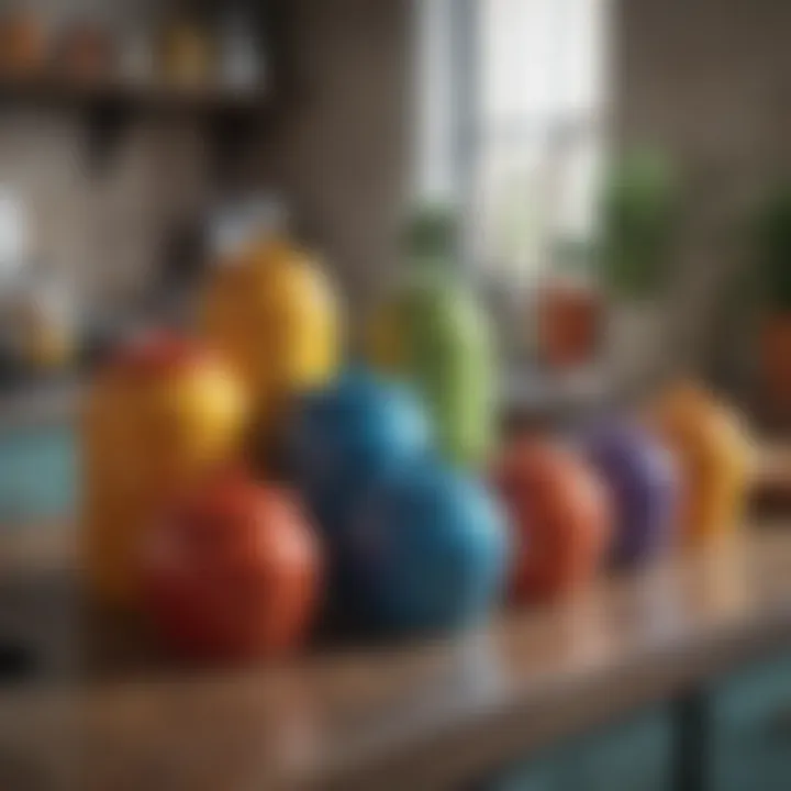 Colorful ceramic containers arranged on a countertop, enhancing the decor of a vibrant kitchen