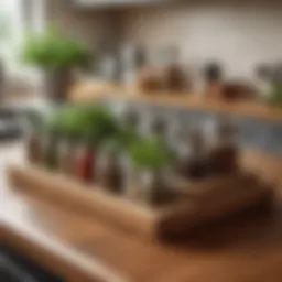 Stylish wooden countertop organizer showcasing herbs and spices in an elegant kitchen setting