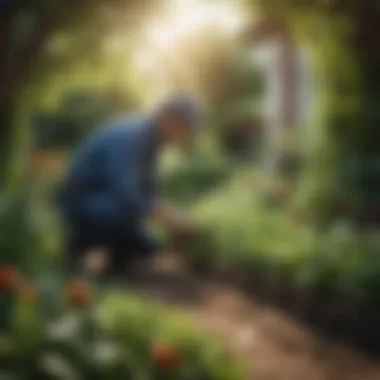 A gardener applying organic insecticide in a vegetable patch