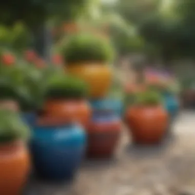 Vibrant Display: Ceramic Pot Collection Colorful ceramic pots arranged in a garden