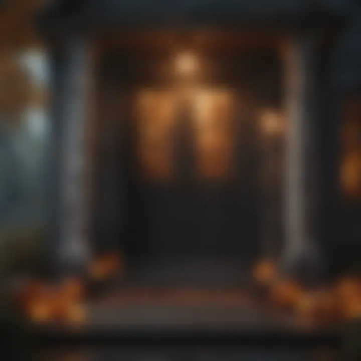 A sophisticated outdoor setting with subtle, haunting decorations and ambient lighting.