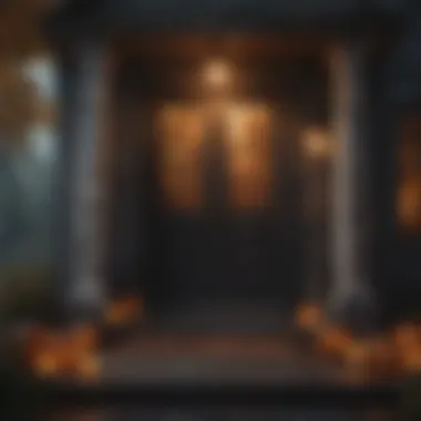 Sophisticated Outdoor Halloween Ambiance A sophisticated outdoor setting with subtle, haunting decorations and ambient lighting.