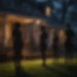 A creatively decorated front yard with spooky silhouettes and eerie lighting.
