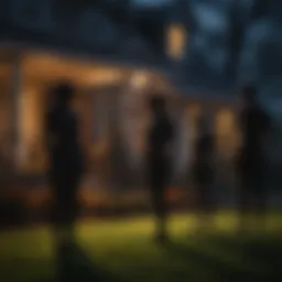 A creatively decorated front yard with spooky silhouettes and eerie lighting.
