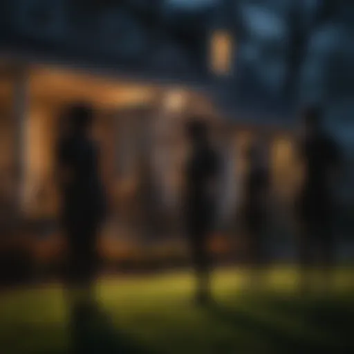 A creatively decorated front yard with spooky silhouettes and eerie lighting.