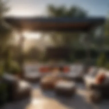 Elegant Outdoor Entertainment Setup Elegant outdoor setup with TV enclosure and cozy seating