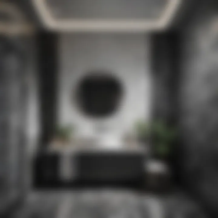 Geometric black and white artwork contrasting with bathroom colors