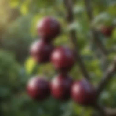 Close-up of healthy plum fruits hanging on the tree.