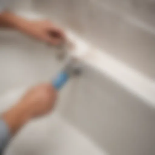 View of a bathtub showing old caulk being removed