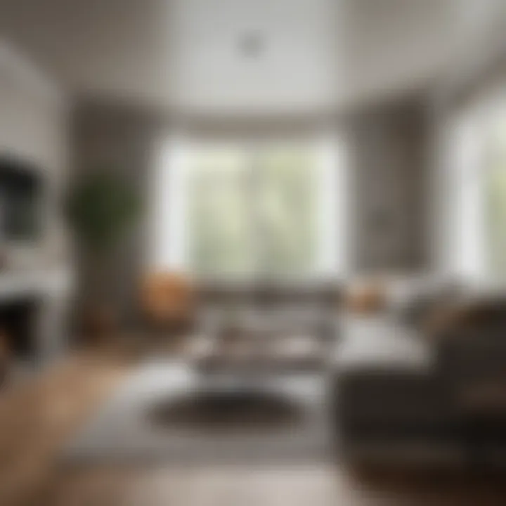 A well-lit living room with popcorn ceilings being removed