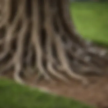 Tree Roots Disrupting Lawn Aesthetics A detailed view of tree roots emerging through the grass, showcasing their impact on lawn aesthetics.
