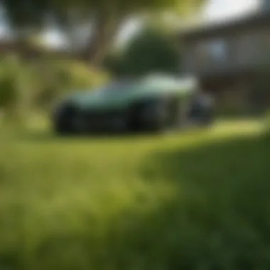 Futuristic Robot Lawn Mower in Action A futuristic robot lawn mower navigating a lush green lawn