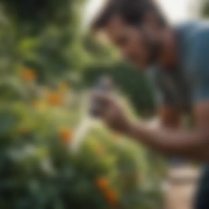 Close-up of a gardener applying safe bug spray