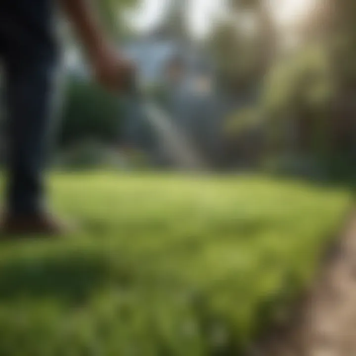 Gardener watering freshly seeded lawn