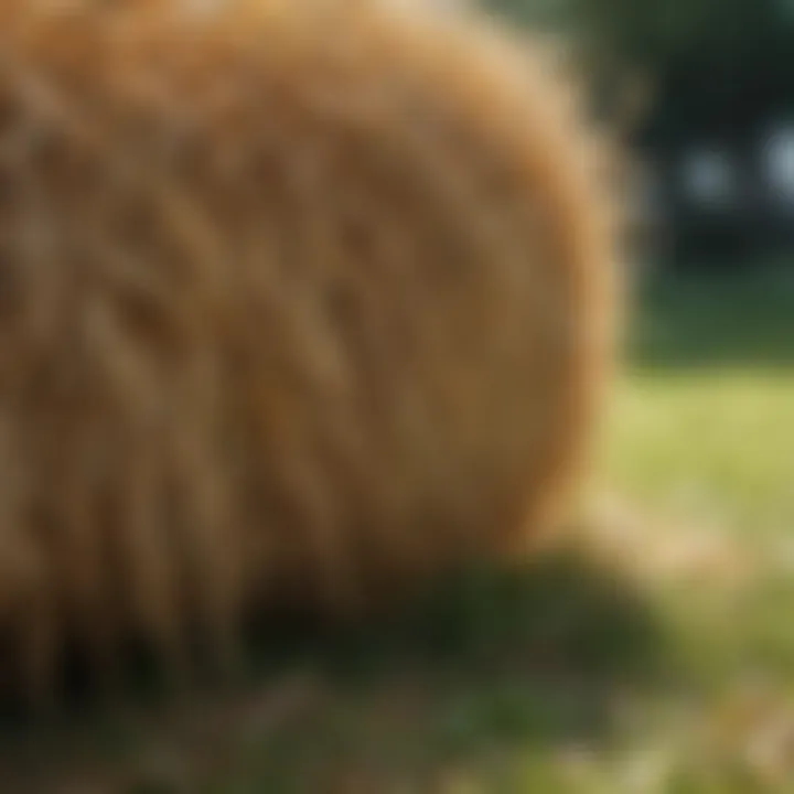 Close-up of straw being evenly distributed over freshly seeded grass