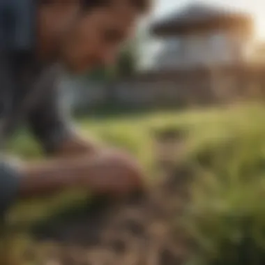 A gardener assessing the growth of grass after seeding with straw