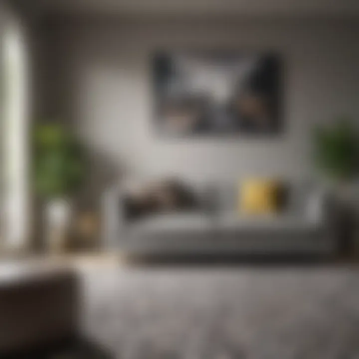 A contemporary interior showcasing a grey couch and a geometric patterned rug.