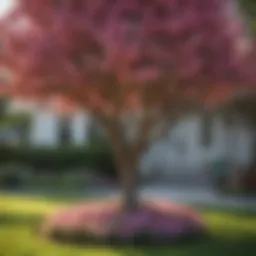 A vibrant small tree with colorful blossoms in a front yard setting