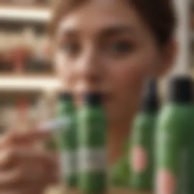 Close-up of a shopper examining a bottle of peppermint spray at a specialty store