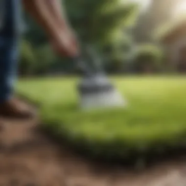 Gardener applying slow-release fertilizer to lawn