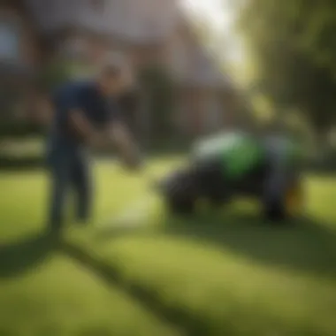 Gardener applying fertilizer evenly across the lawn
