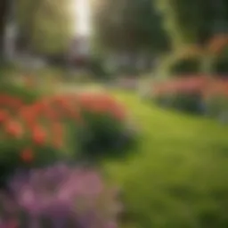 Lush green lawn with vibrant flowers in spring