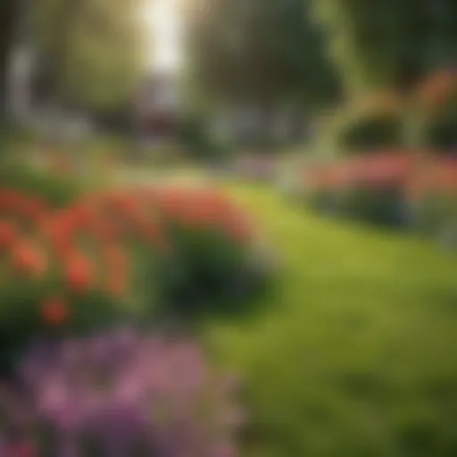 Lush green lawn with vibrant flowers in spring