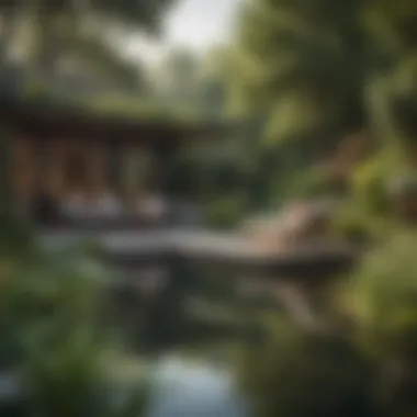 Relaxing Retreat in the Great Outdoors A tranquil outdoor space featuring a serene pond and comfortable seating areas amidst vibrant landscapes.
