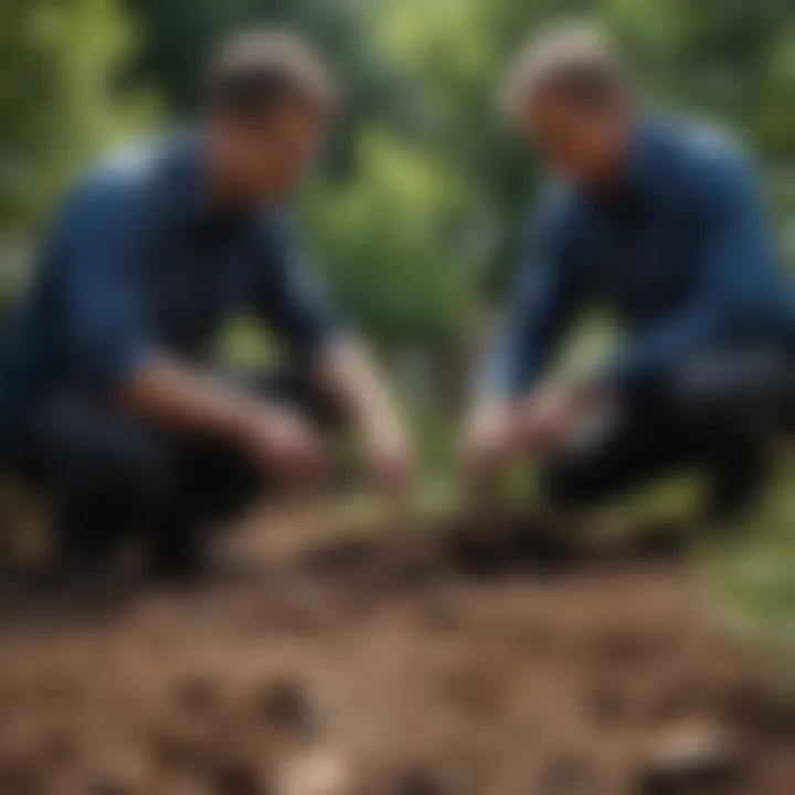 A professional landscape technician assessing a garden for moles.