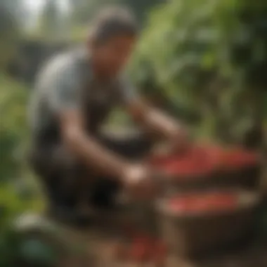 Gardener tending to strawberry plants in baskets
