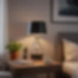 Modern minimalist table lamp placed on a small side table in a cozy living space.