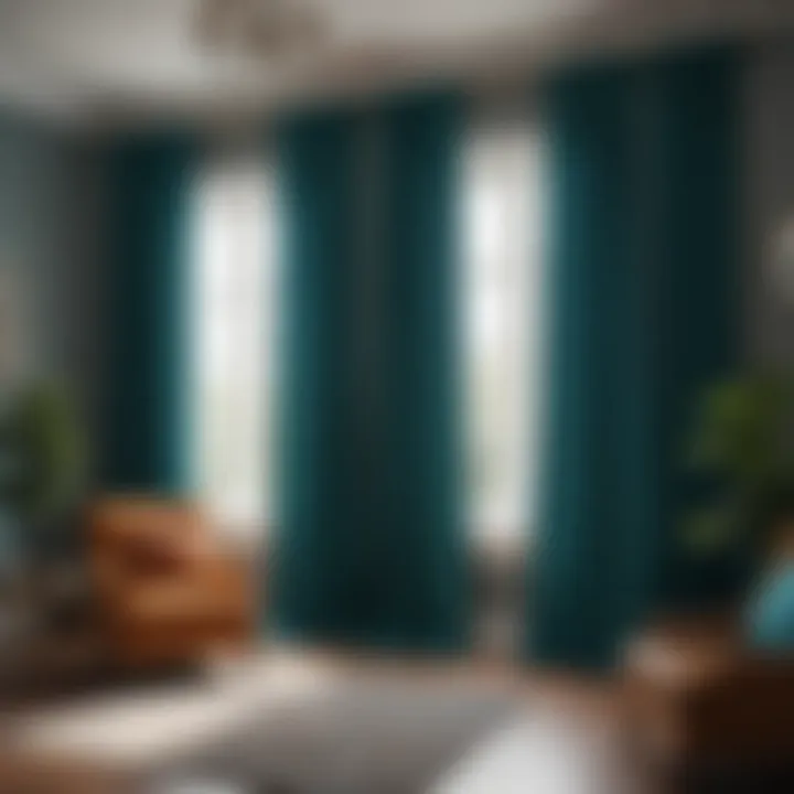 Dark teal curtains in a bright living room setting